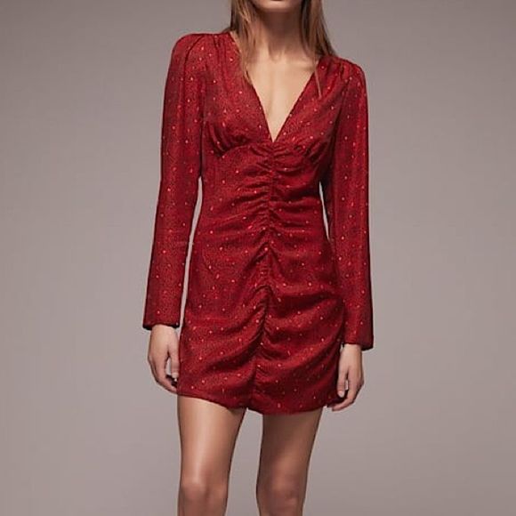 ZARA Red Black Print Side Ruched V-neck Long Sleeve Mini Dress - Picture 2 of 8